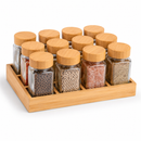 Glass Spice Jar Set with Bamboo Lids & Wooden Organizer Tray