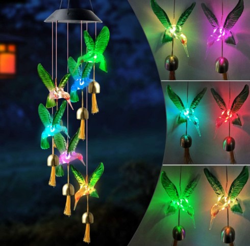 Colorful birds metal solar wind chimes with decorative lights