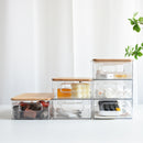 Stackable plastic cabinet with integrated handles and bamboo top, clear/natural