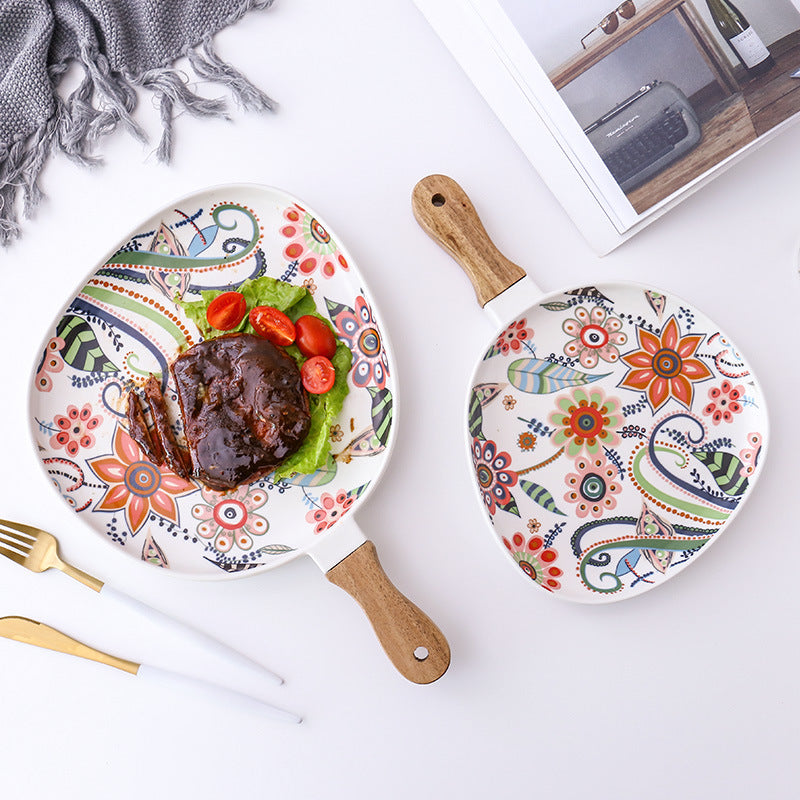 Ceramic Tray Steak Plate with Wooden Handle Floral Patterned