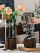 Flower Vase, Glass Vase with Wooden Base