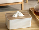 Plastic and wood tissue box