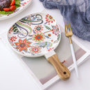Ceramic Tray Steak Plate with Wooden Handle Floral Patterned