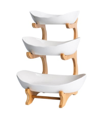 3 Tier ceramic fruit plate with bamboo frame