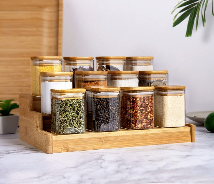 SALE RIO Square Glass Spice Jars With Natural Acacia Wood Lids