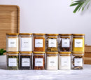 12Pack Square Spice Jars with Natural Acacia Lids and Bamboo Spice Rack Organizer